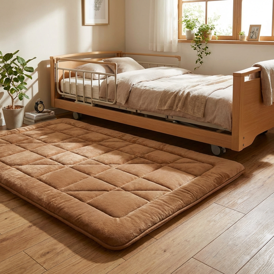 Sehr niedriges Pflegebett knapp über dem Fußboden mit einer weichen Sturzmatte davor