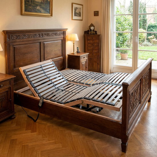 Elektrisch verstellbarer Einlegerahmen integriert in ein klassisches Doppelbett aus Massivholz