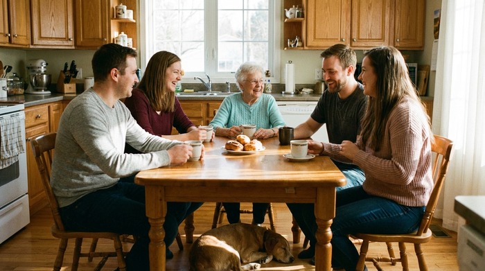 Angehörige und Senior sitzen gemeinsam entspannt am Küchentisch und trinken Kaffee