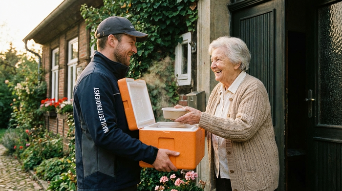 Freundlicher Fahrer überreicht einer lächelnden älteren Dame an der Haustür eine warme Mahlzeit in einer Isolierbox