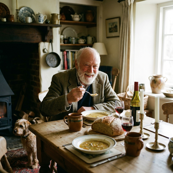 Älterer Herr sitzt entspannt am gedeckten Esstisch und genießt eine warme Mahlzeit