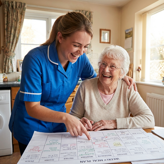 Pflegerin und Seniorin betrachten gemeinsam lachend einen wöchentlichen Speiseplan