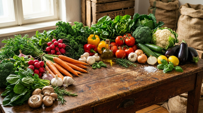 Verschiedene gesunde Gemüsesorten und frische Zutaten auf einem rustikalen Holztisch