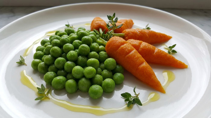 Pürierte Kost ansprechend in Form von Erbsen und Karotten auf einem weißen Teller angerichtet