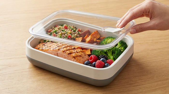 Moderne, leicht zu öffnende Menüschale mit einer ausgewogenen Mahlzeit