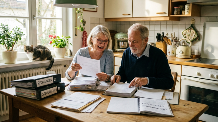 Älteres Ehepaar sitzt am Küchentisch und sortiert übersichtlich Dokumente und Rechnungen