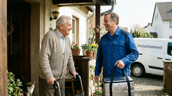 Fahrer des Mahlzeitendienstes unterhält sich freundlich mit einem Senior an der Tür