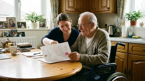 Älterer Herr sitzt im Rollstuhl und betrachtet gemeinsam mit seiner Tochter ein offizielles Dokument am Küchentisch
