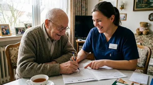 Senior füllt gemeinsam mit Pflegerin ein Formular aus