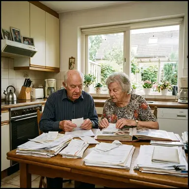 Älteres Ehepaar sitzt am Küchentisch und sortiert sorgfältig Dokumente und Belege