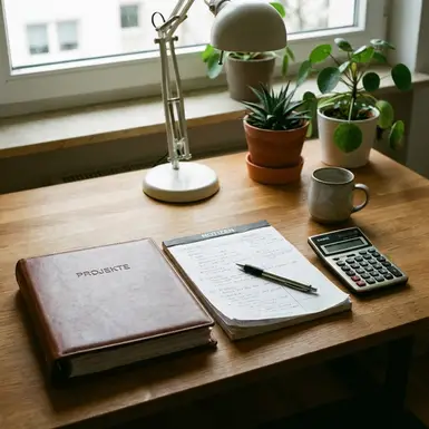 Ordner, Notizblock und Taschenrechner auf einem aufgeräumten Schreibtisch