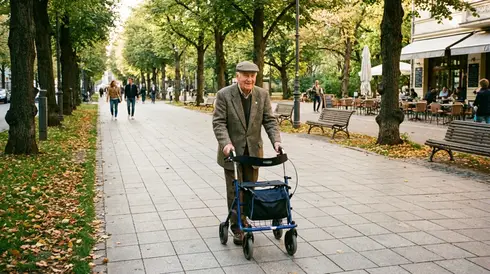 Älterer Herr mit Rollator auf einem gut ausgebauten Gehweg