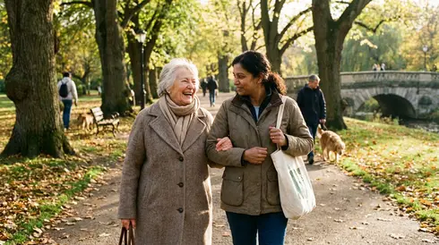Pflegerin begleitet Seniorin beim entspannten Spaziergang im Park