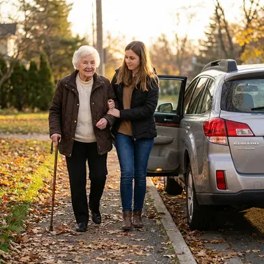 Seniorin wird von ihrer Angehörigen sicher zum Auto begleitet