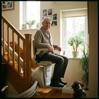 Senior fährt mit einem Treppenlift sicher und komfortabel nach oben