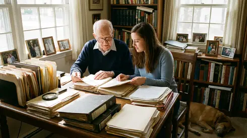 Senior und Angehörige sitzen am Schreibtisch und sortieren wichtige Dokumente