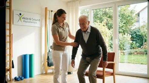 Physiotherapeutin übt mit Senior das sichere Aufstehen