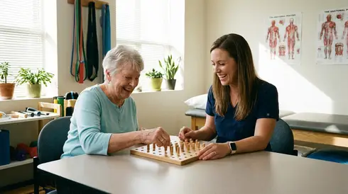 Ergotherapeutin trainiert mit Patientin die Feinmotorik an einem Steckbrett
