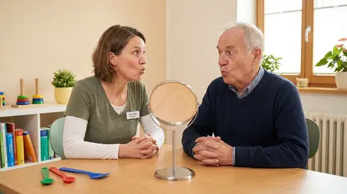 Logopädin sitzt mit Patient am Tisch und übt Gesichtsmuskulatur