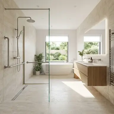 Modernes, helles Badezimmer mit bodengleicher Dusche und stabilen Haltegriffen