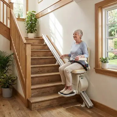 Sicherer Treppenlift an einer geraden Holztreppe im Einfamilienhaus