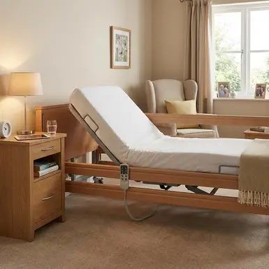 Elektrisch verstellbares Pflegebett mit aufgerichteter Rückenlehne und Nachttisch