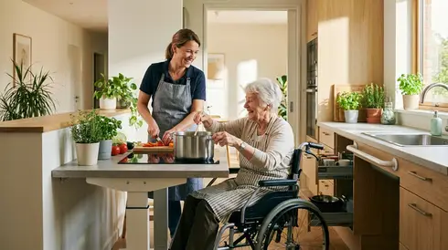 Betreuungskraft und Seniorin kochen gemeinsam in einer barrierefreien Küche