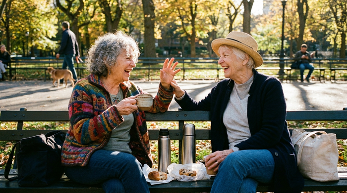 Zwei lächelnde ältere Damen sitzen an einem sonnigen Nachmittag auf einer Parkbank und unterhalten sich angeregt bei einem Kaffee.