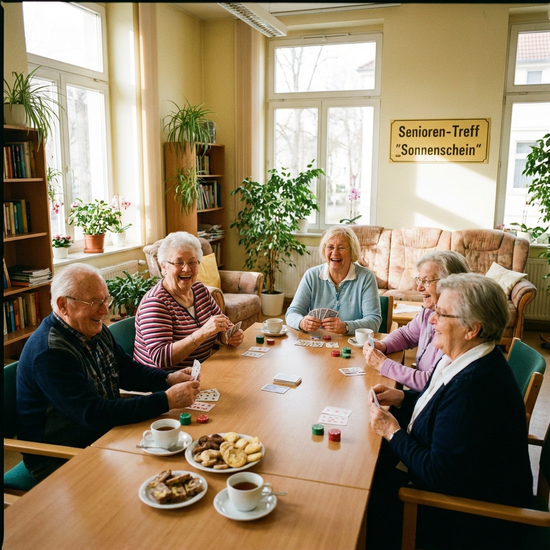 Fröhliche Seniorenrunde beim gemeinsamen Kartenspielen in einem hellen Gemeinschaftsraum.