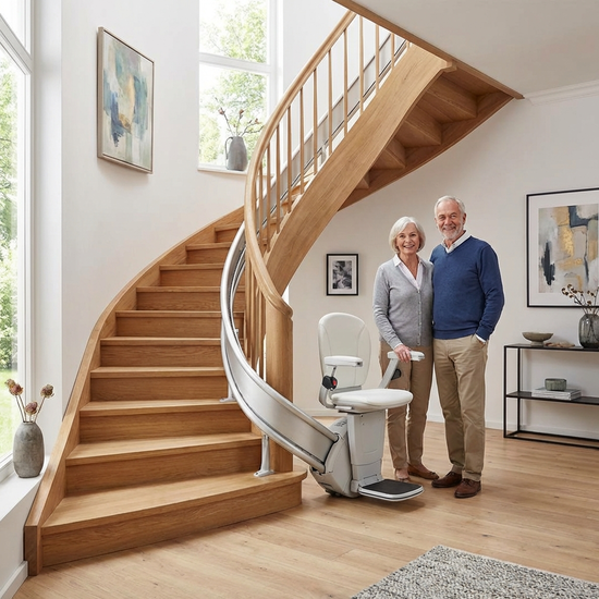 Moderner Treppenlift an einer geschwungenen Holztreppe in einem gepflegten Einfamilienhaus.