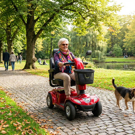 Seniorin fährt mit einem roten Elektromobil auf einem gepflasterten Weg durch einen grünen Park.