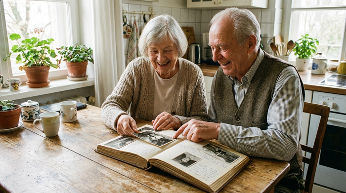 Freundliche Alltagsbegleiterin und Senior betrachten gemeinsam ein altes Fotoalbum am Küchentisch.