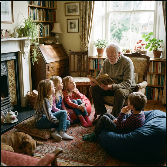 Älterer Herr liest einer Gruppe aufmerksamer Kinder in einer gemütlichen Bibliotheksecke aus einem Buch vor.