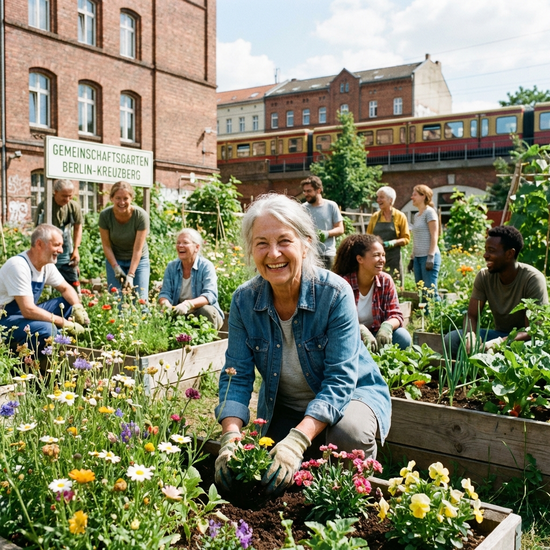 Seniorin pflanzt gemeinsam mit anderen Freiwilligen Blumen in einem städtischen Gemeinschaftsgarten.