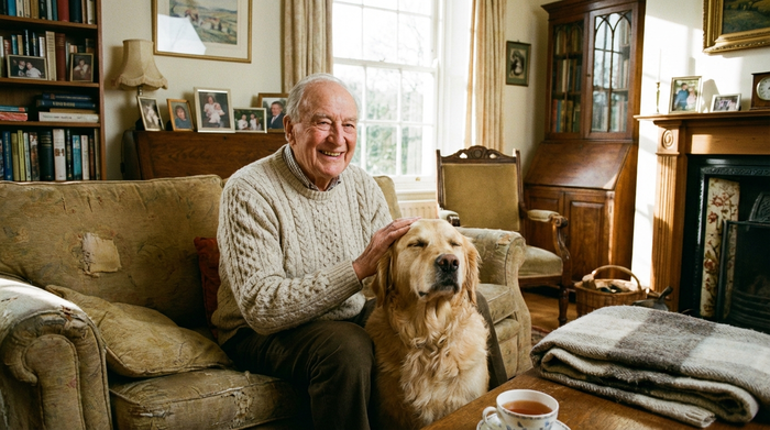 Glücklicher Senior streichelt liebevoll einen Golden Retriever im heimischen Wohnzimmer.