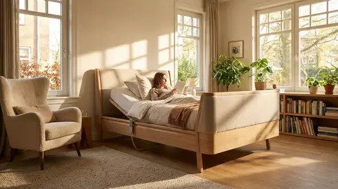 Modernes, gemütliches Pflegebett in einem sonnendurchfluteten heimischen Schlafzimmer