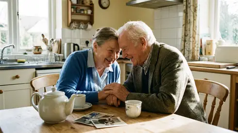 Pflegerin und Senior sitzen am Tisch und unterhalten sich vertrauensvoll