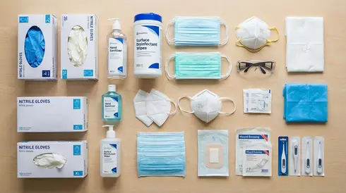 Verschiedene Pflegehilfsmittel wie Einweghandschuhe und Desinfektionsmittel übersichtlich angeordnet
