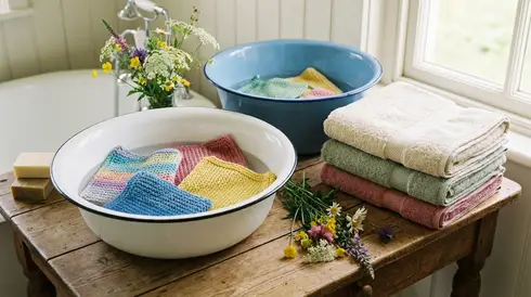 Zwei Waschschüsseln mit bunten Waschlappen und frischen Handtüchern vorbereitet auf einem Beistelltisch