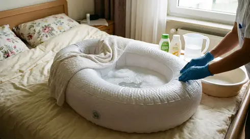 Aufblasbares Haarwaschbecken auf einem Bett liegend, bereit für die Pflege