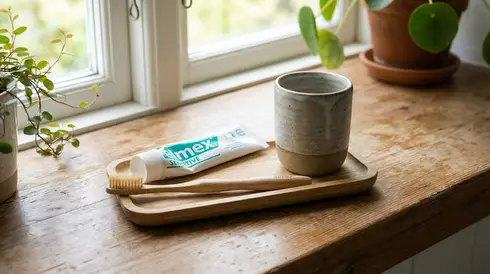 Weiche Zahnbürste, milde Zahnpasta und ein Wasserbecher auf einem kleinen Tablett