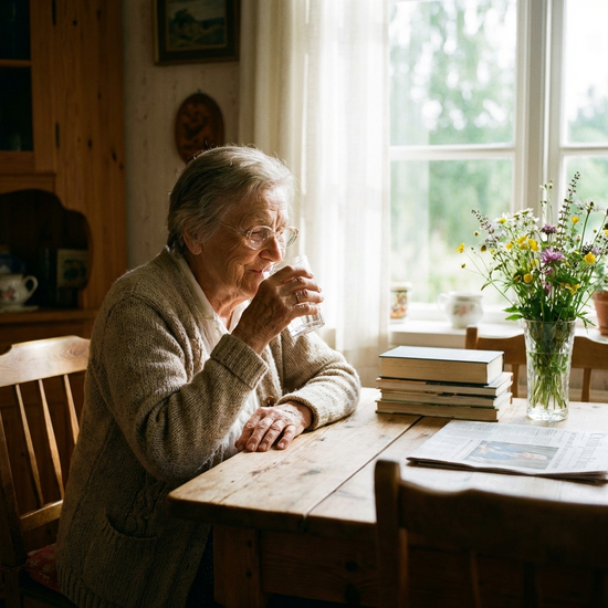 Ältere Dame trinkt ein Glas Wasser am Esstisch