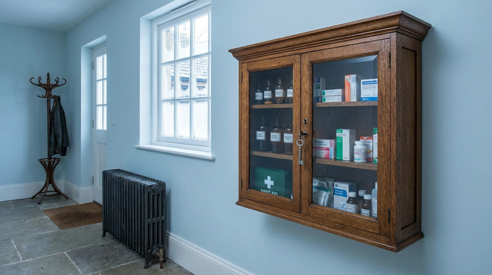 Ein ordentlicher, abschließbarer Medizinschrank in einem kühlen Flur