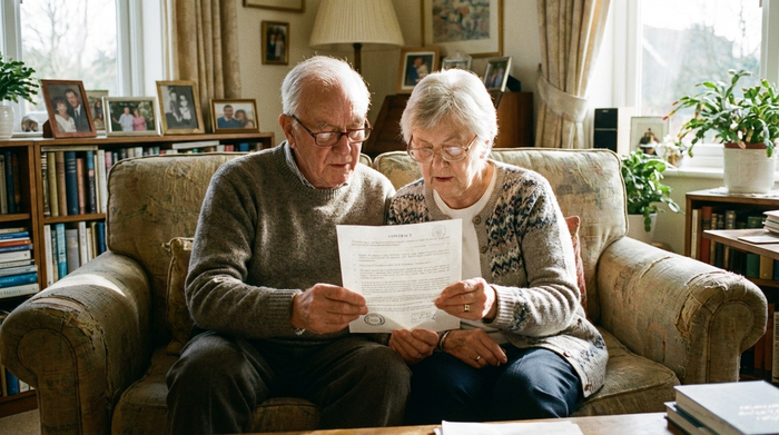 Senioren-Ehepaar sitzt gemeinsam auf dem Sofa und betrachtet aufmerksam ein Dokument