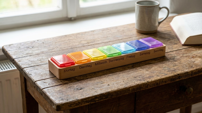 Eine einfache, farblich markierte 7-Tage-Pillenbox auf einem Holztisch