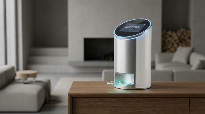 Ein modernes, elektronisches Medikamenten-Ausgabegerät mit dezentem Leuchtring