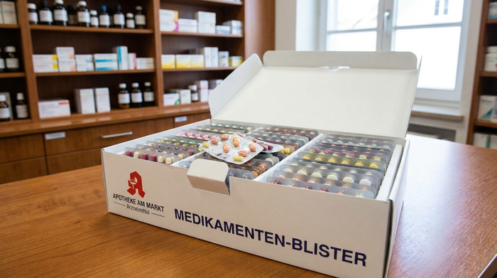 Sauber aufgereihte, durchsichtige Medikamenten-Blister in einer Apotheken-Verpackung