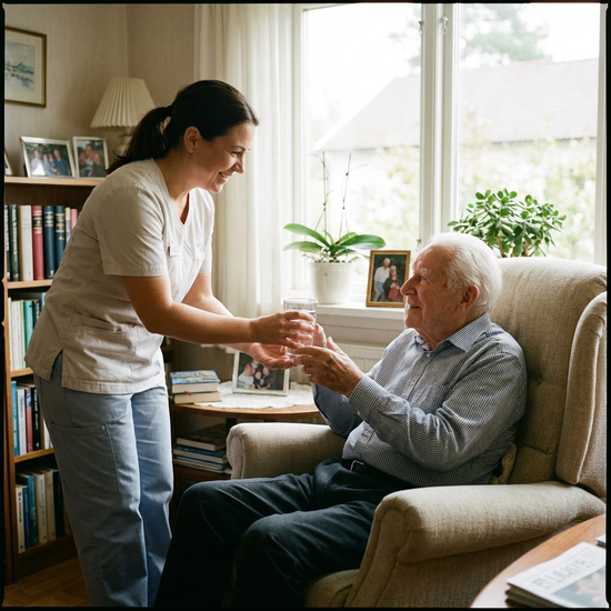 Freundliche Pflegekraft reicht einem älteren Herrn ein Glas Wasser