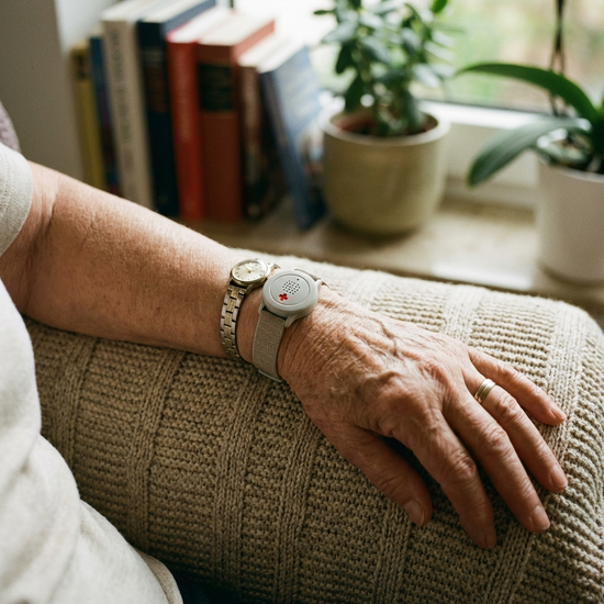 Hausnotruf-Armband am Handgelenk einer Seniorin