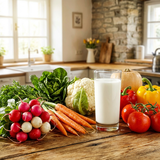 Frisches Gemüse und ein Glas Milch auf einer Küchenanrichte